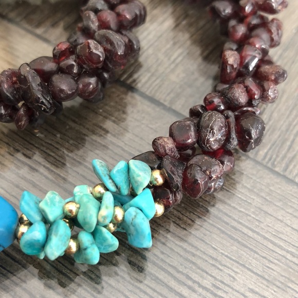 Vintage Rough Cut Garnet, Turquoise and Howelite Necklace - Picture 2 of 14